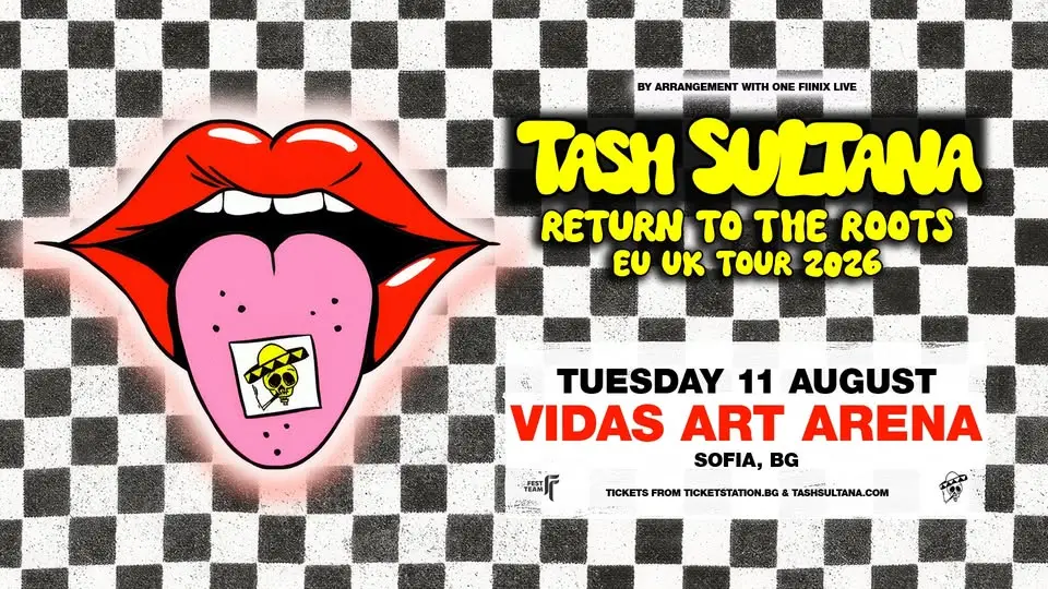 Официален плакат на концерта Tash Sultana – Return to the Roots във Vidas Art Arena София през 2026 година.