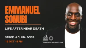 Плакат на Emmanuel Sonubi за шоуто Life After Near Death в Stroeja, София.