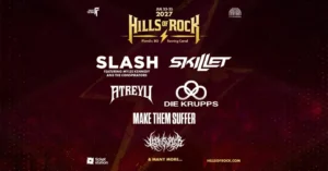 Фестивален афиш на Hills of Rock 2027 с първите обявени участници Slash ft. Myles Kennedy and The Conspirators, Skillet, Make Them Suffer, Left To Suffer, Die Krupps и Atreyu.